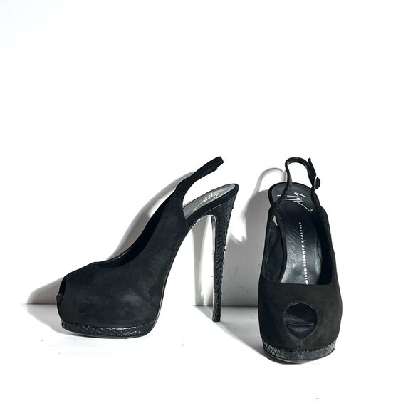 Giuseppe Zanotti Blk Suede Snakeskin High Heel Peeptoe Slingback Pump Sz 8.5 - Picture 1 of 15